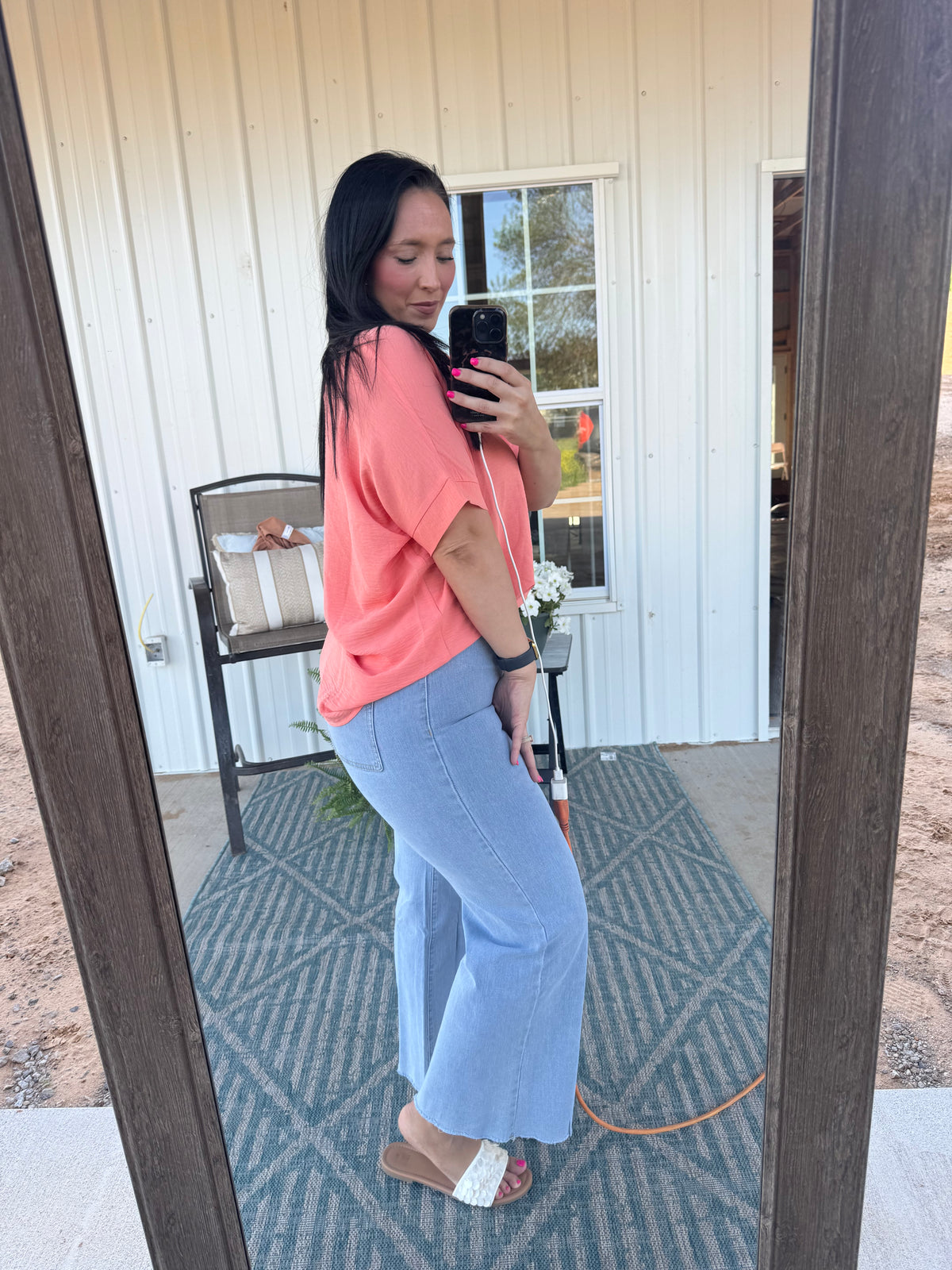Woven Air Flow V-Neck Top - Coral