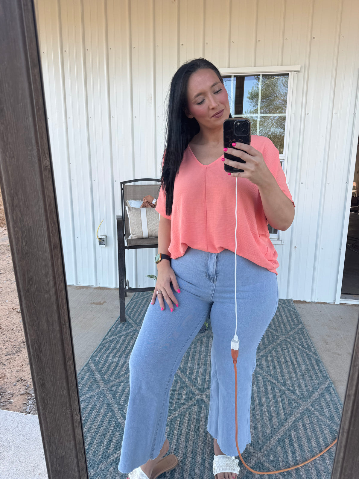 Woven Air Flow V-Neck Top - Coral